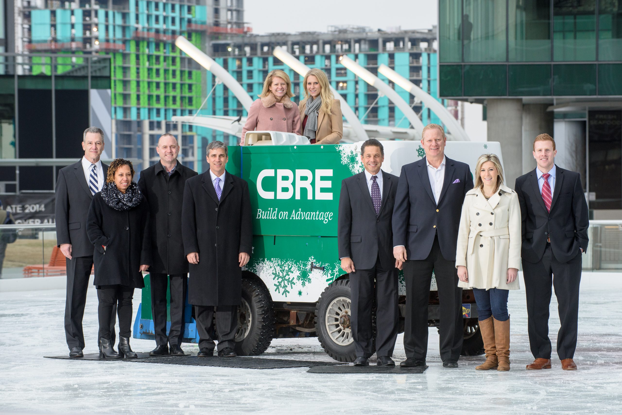 CBRE staff photo on the Plaza ice rink at Tysons Corner Center