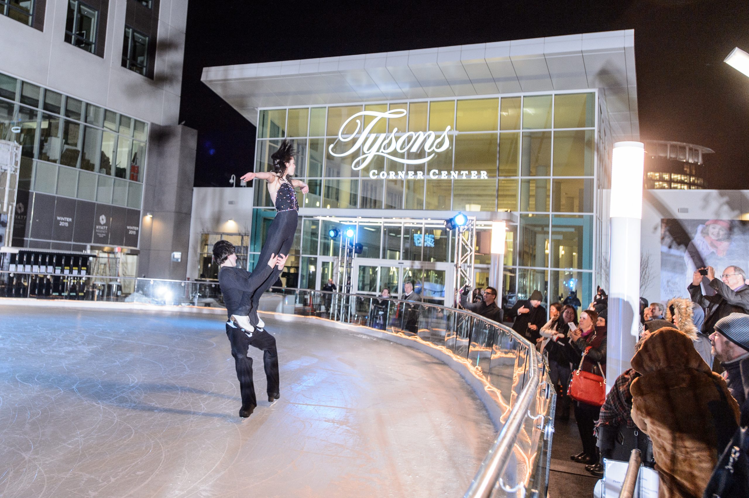 Skaters out on the ice skating rink on the Plaza at Tysons Corner Center