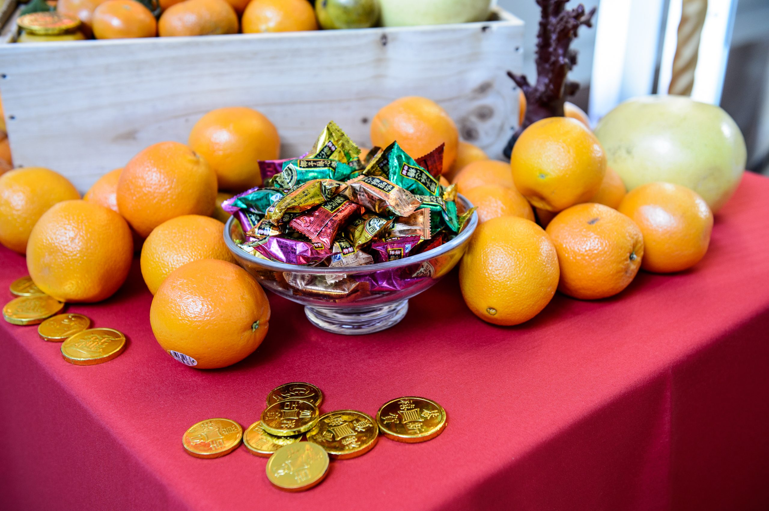 Fruit bowl at entrance to Lunar New Year celebration at Tysons Corner Center 