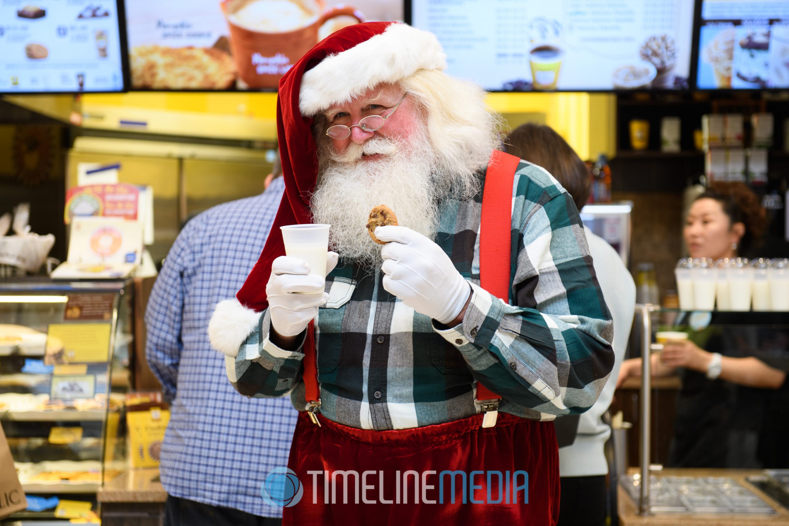 Santa previewing some Nestle cookies and milk at Tysons Corner Center