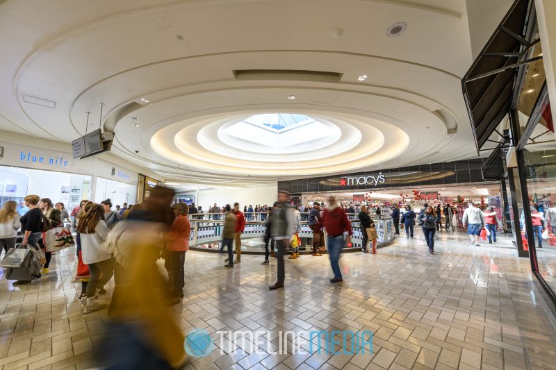 Circular skylight opening by the Macy's entrance at Tysons Corner Center on Black Friday