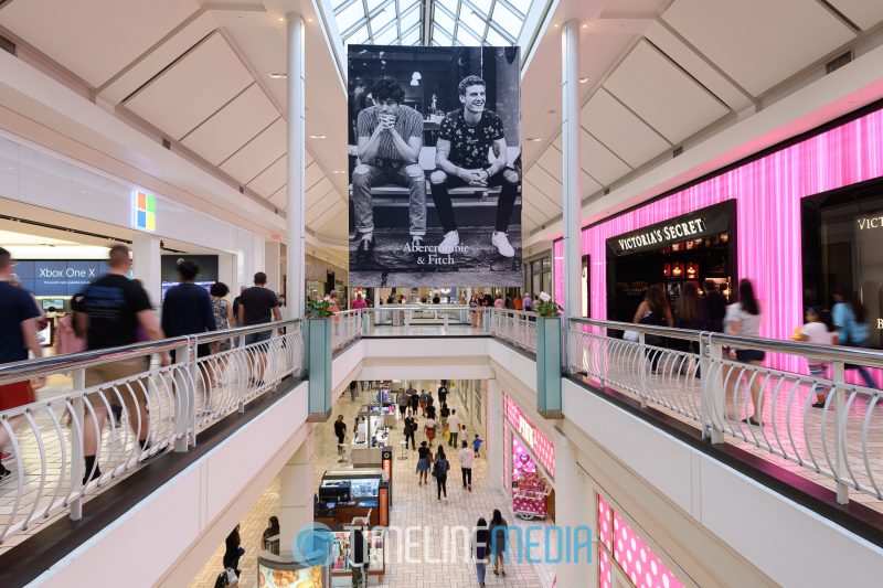 Large banner hanging from the ceiling at Tysons Corner Center