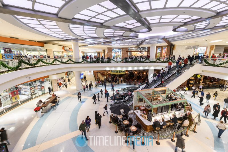 Escalators and LPQ at Tysons Corner Center with lots of holiday shoppers