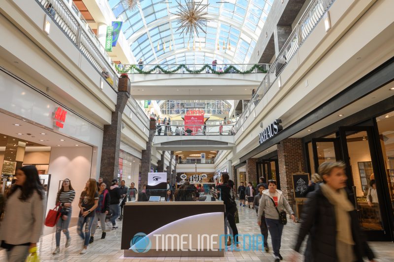 Lower level looking up 3 levels at Tysons Corner Center during holiday shopping